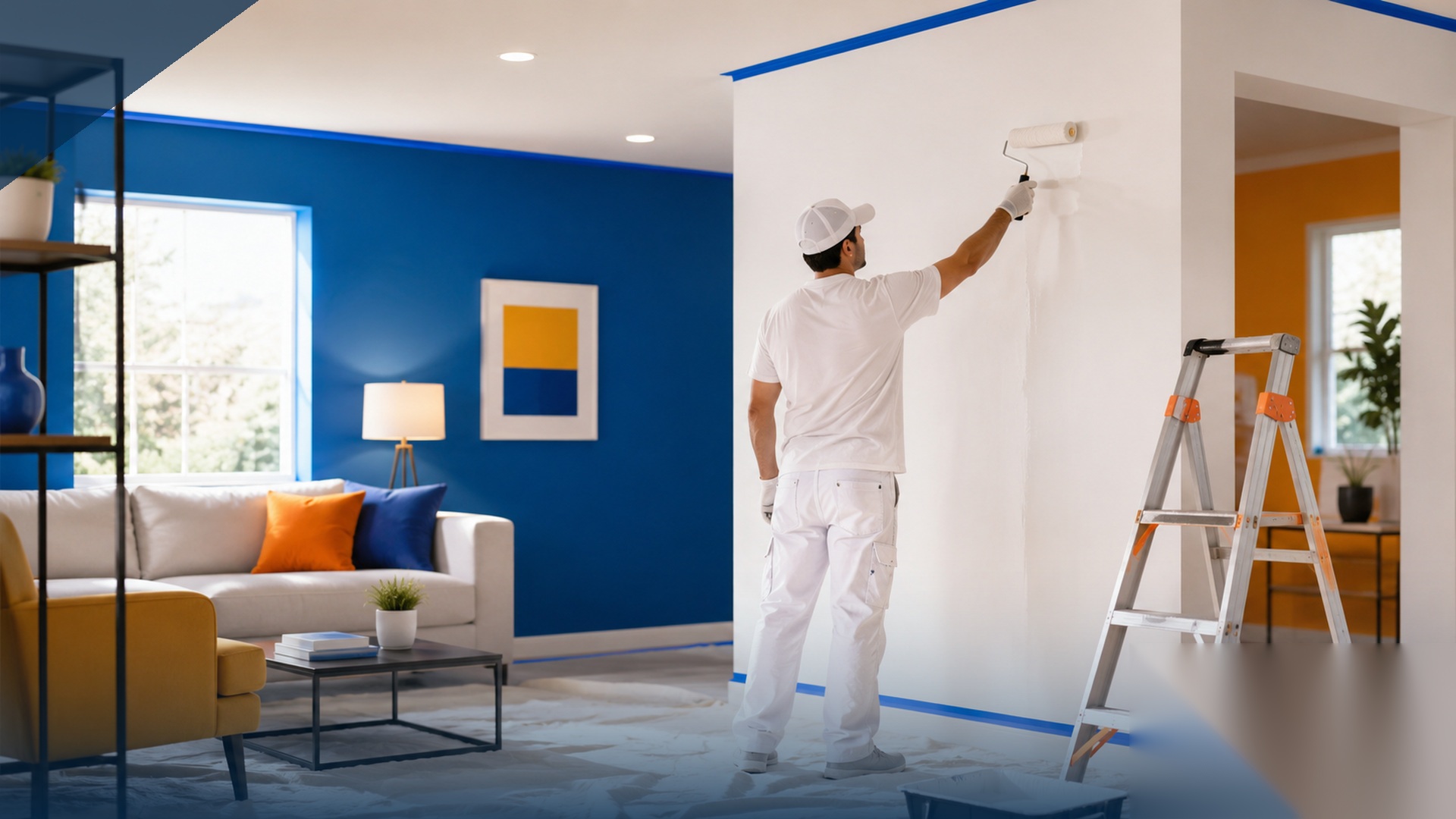 Freshly painted blue feature wall in a modern living room