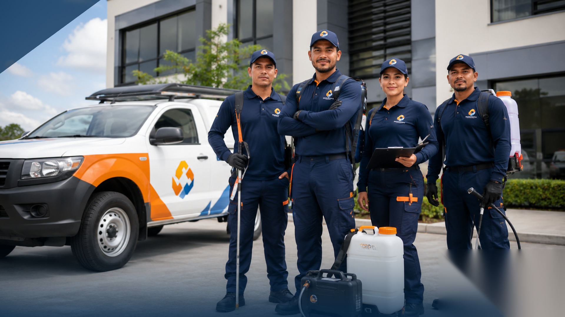 Unidad pest-control team with professional service equipment