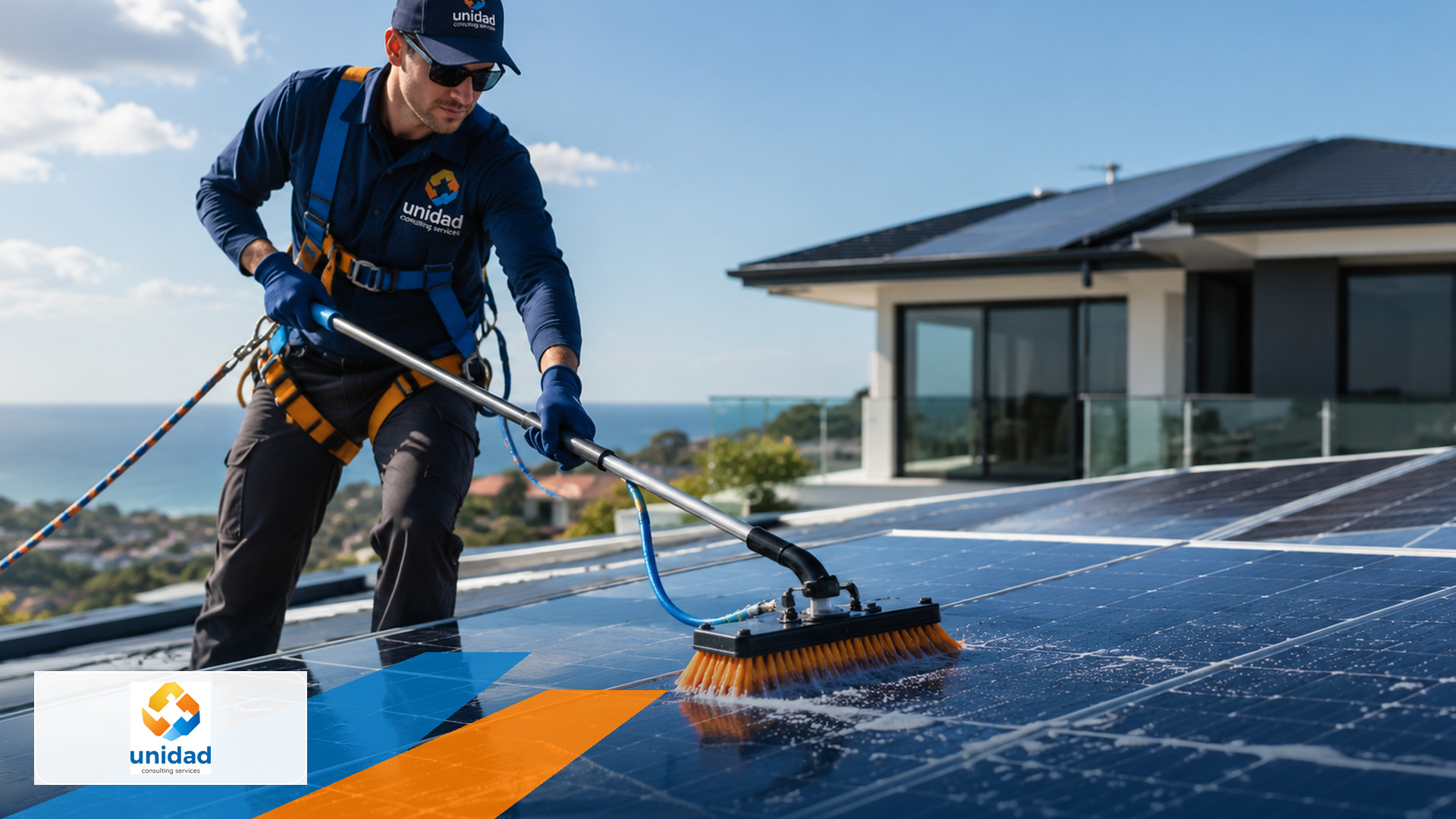 Technician actively cleaning dirt from solar panels