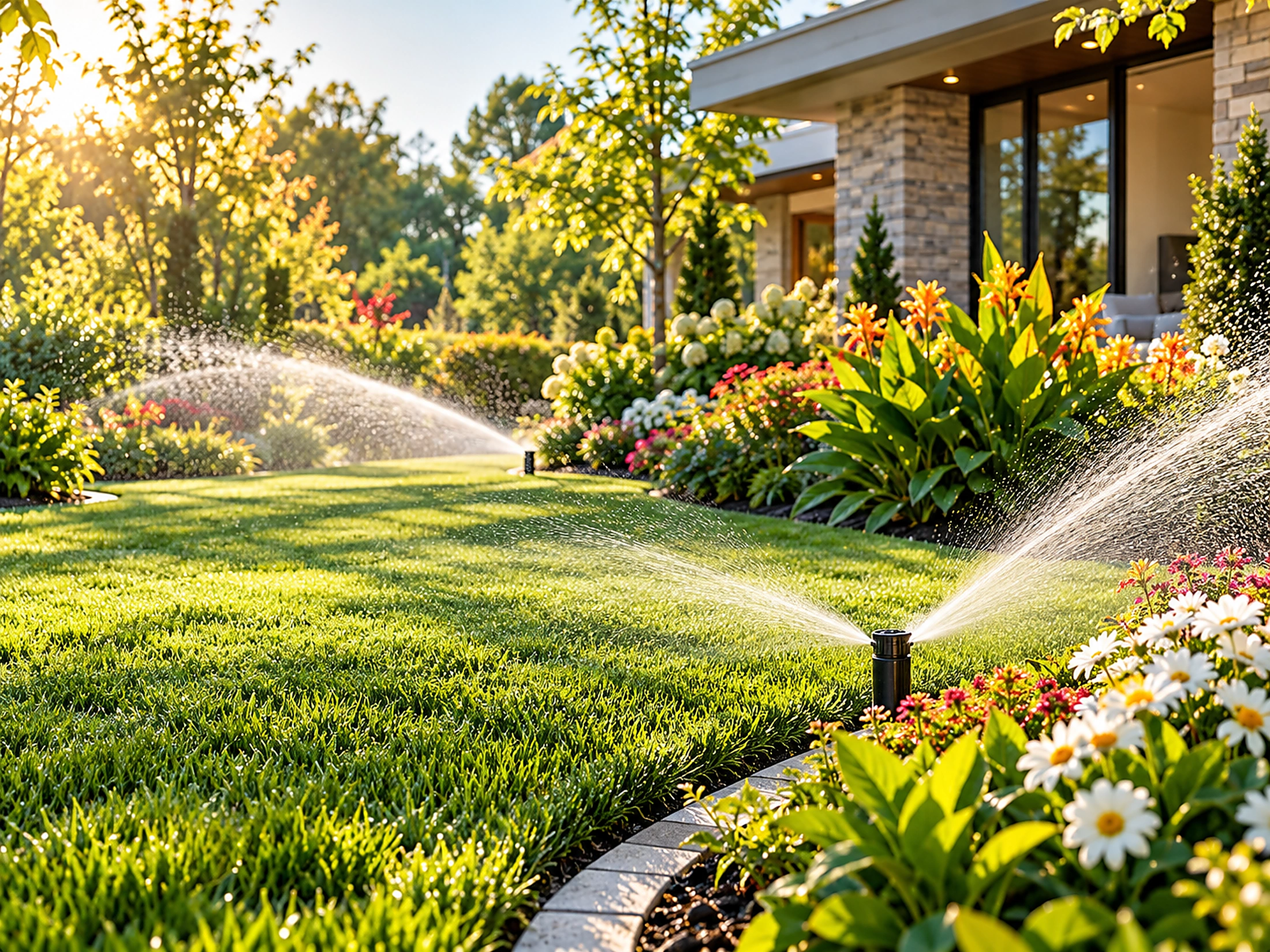 Sprinkler watering a landscaped lawn