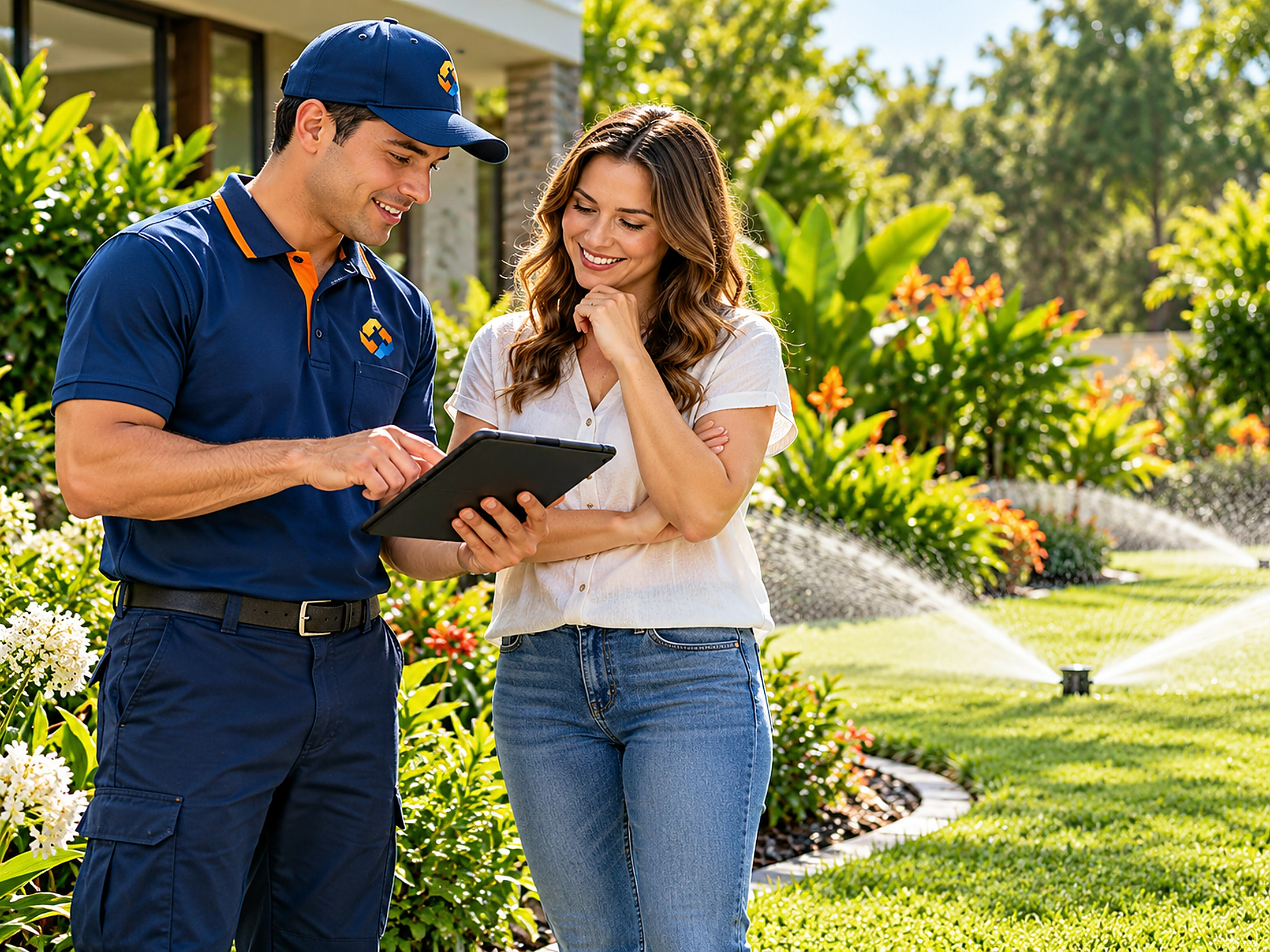 Irrigation technician consulting with a homeowner