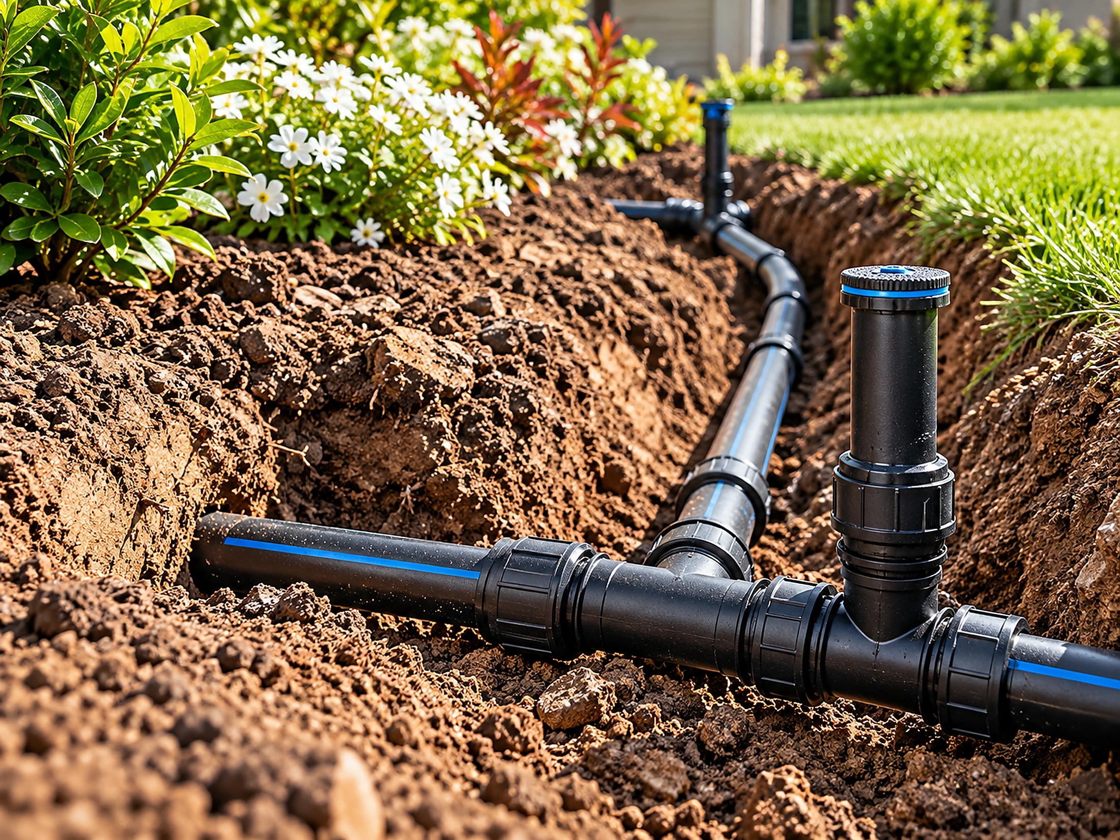 Irrigation pipes being installed in prepared soil trenches