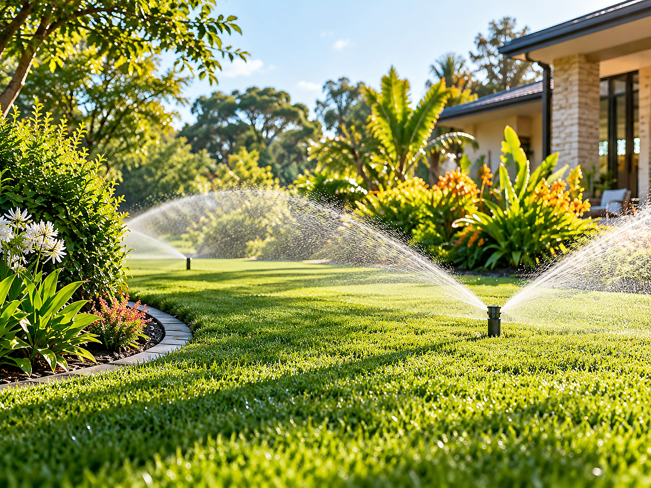 Residential lawn and flower bed watered by sprinklers