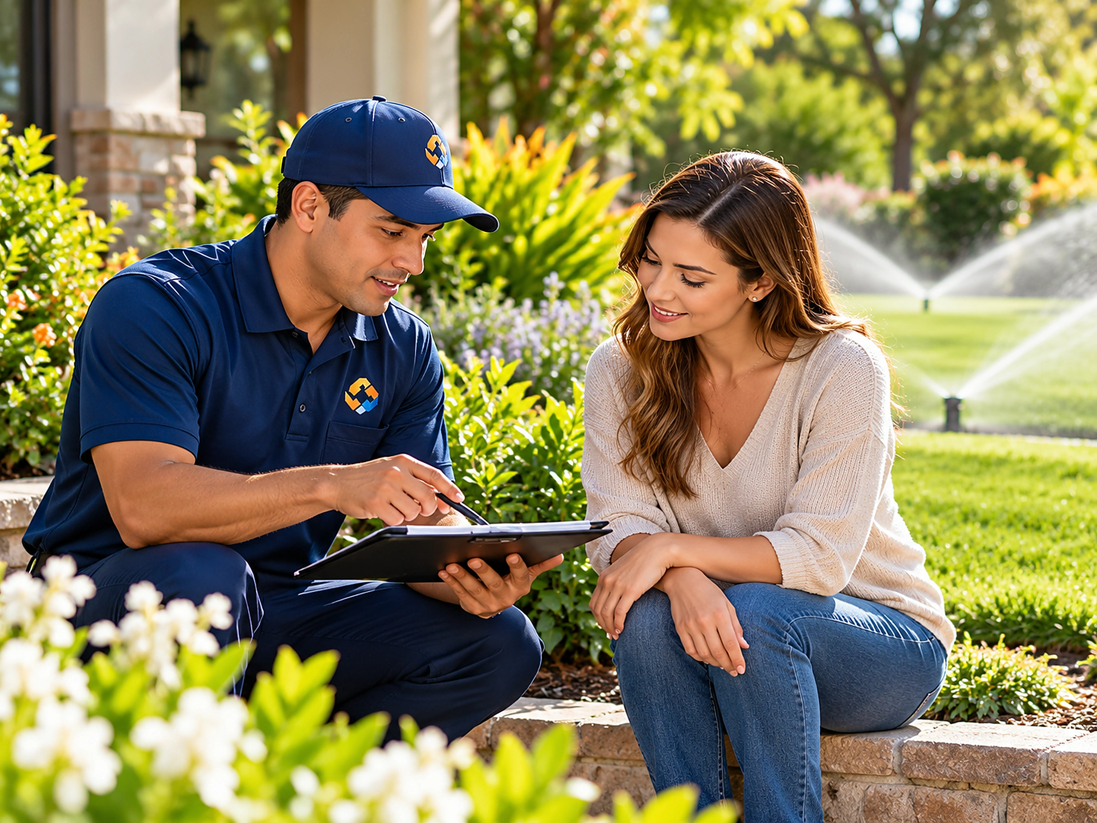 Irrigation technician preparing an assessment and quotation with a homeowner