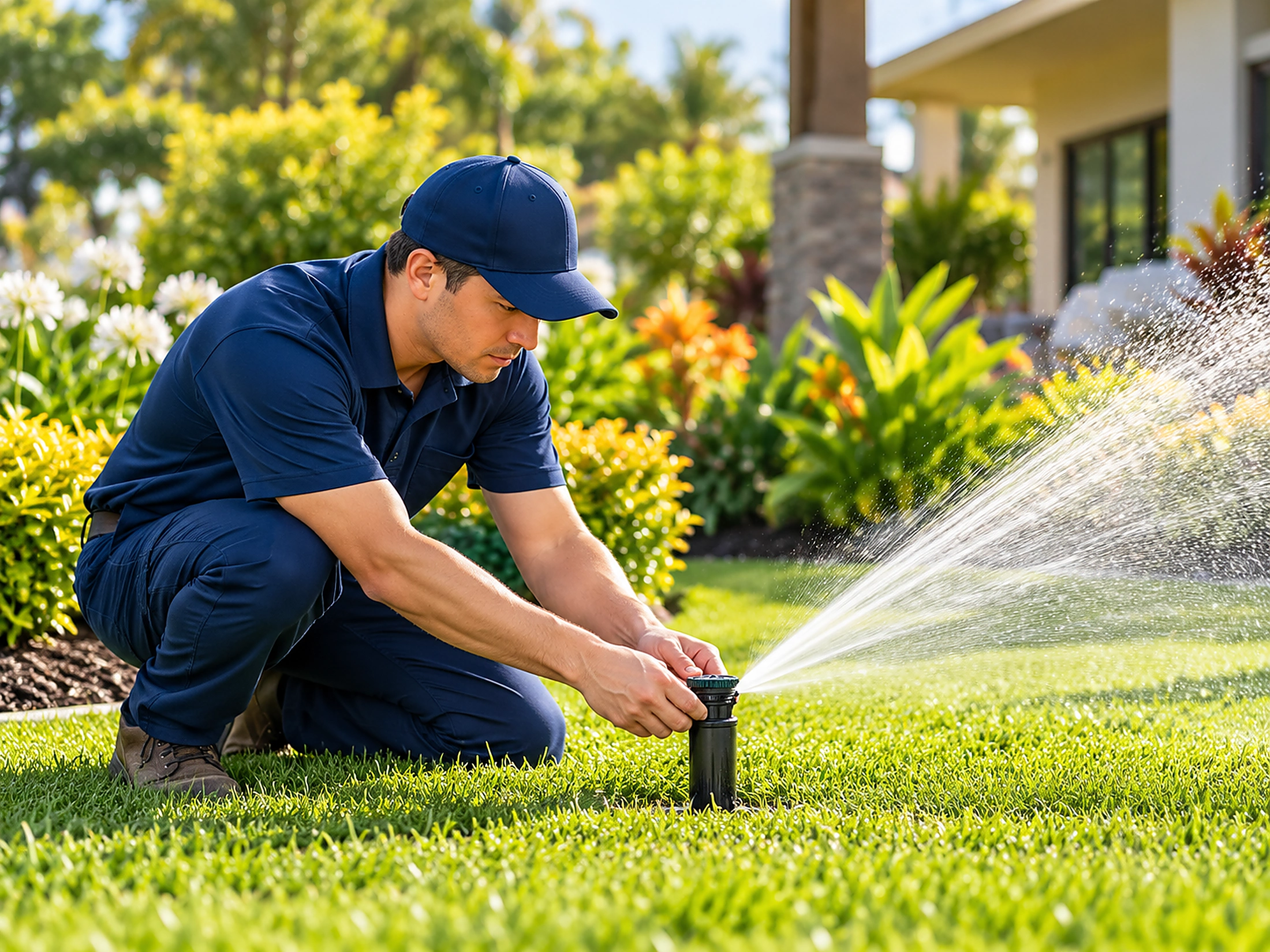 Irrigation technician adjusting a lawn sprinkler in a landscaped garden